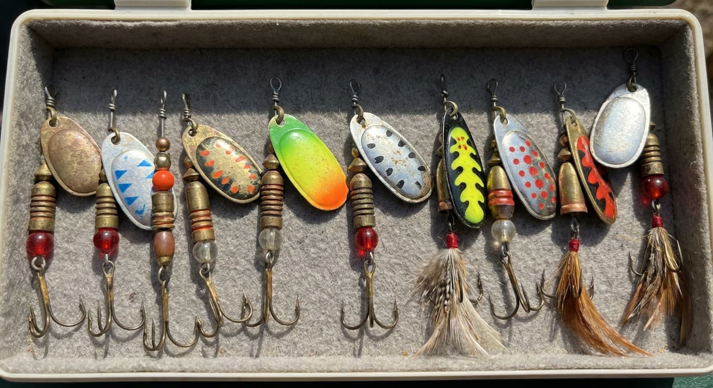 Verschiedene Spinner-Kunstköder in unterschiedlichen Größen, Farben und Blattformen für das Raubfischangeln