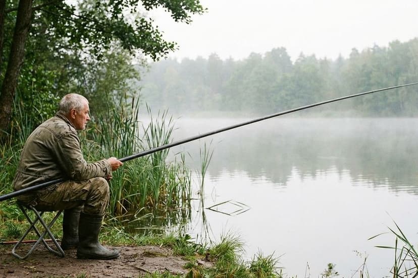 Angler sitzt mit langer Stipprute am See und wartet auf Bisse