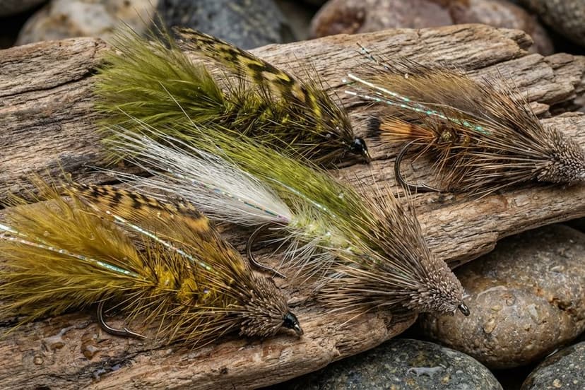 Verschiedene Streamer-Kunstfliegen für das Fliegenfischen – Woolly Bugger, Zonker und Muddler Minnow