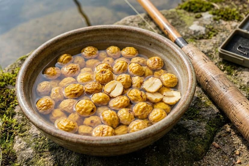Goldgelbe Tigernüsse als Angelköder in einer Schale mit Wasser