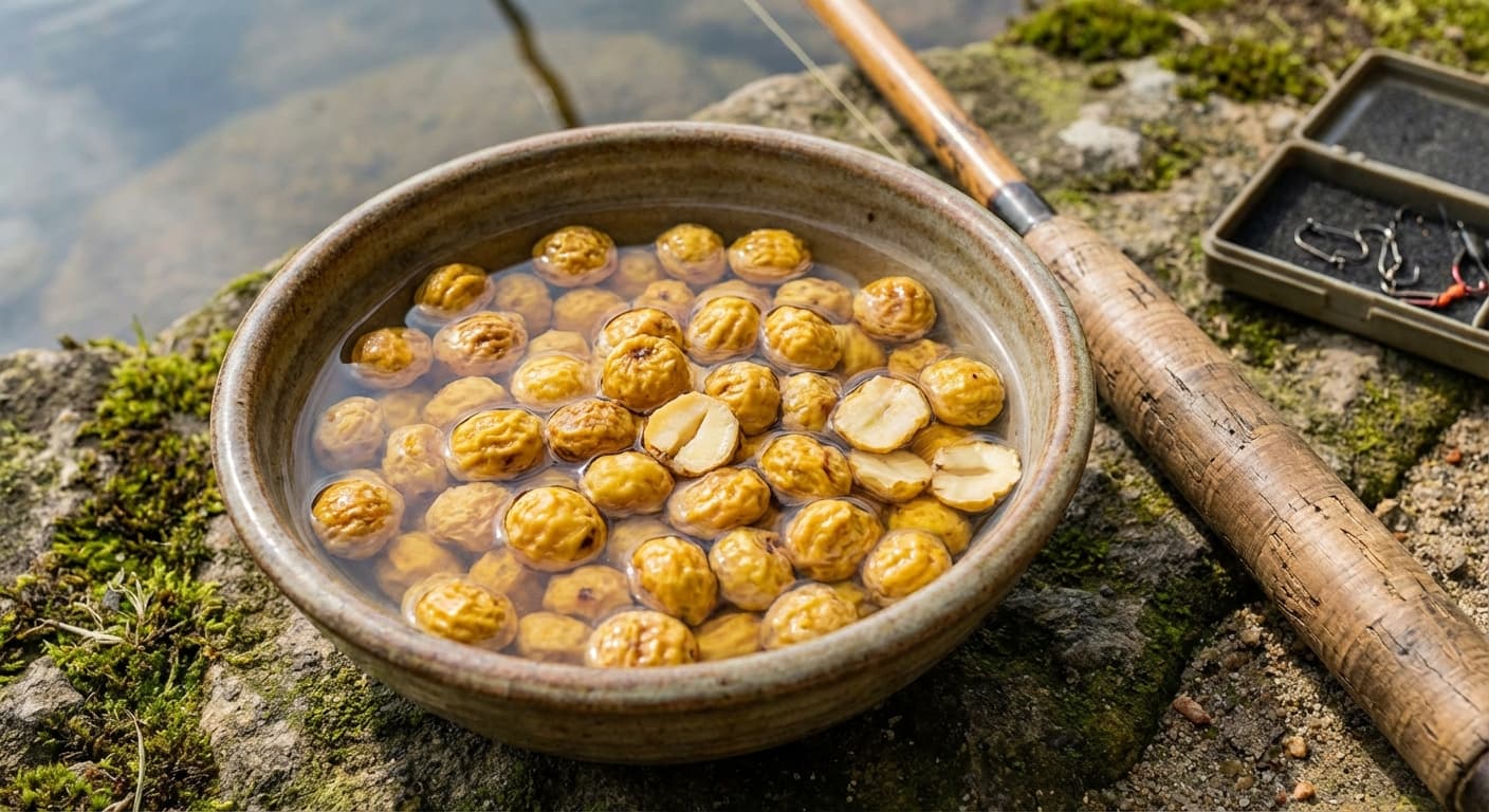 Goldgelbe Tigernüsse als Angelköder in einer Schale mit Wasser
