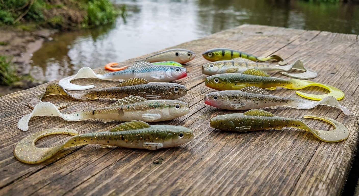 Bunte Twister Gummiköder mit charakteristischem Sichelschwanz in verschiedenen Farben und Größen