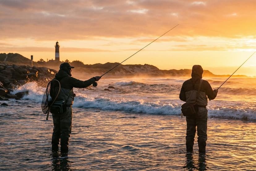Angler in Wathose beim Watangeln an der Ostsee auf Meerforelle bei Sonnenaufgang