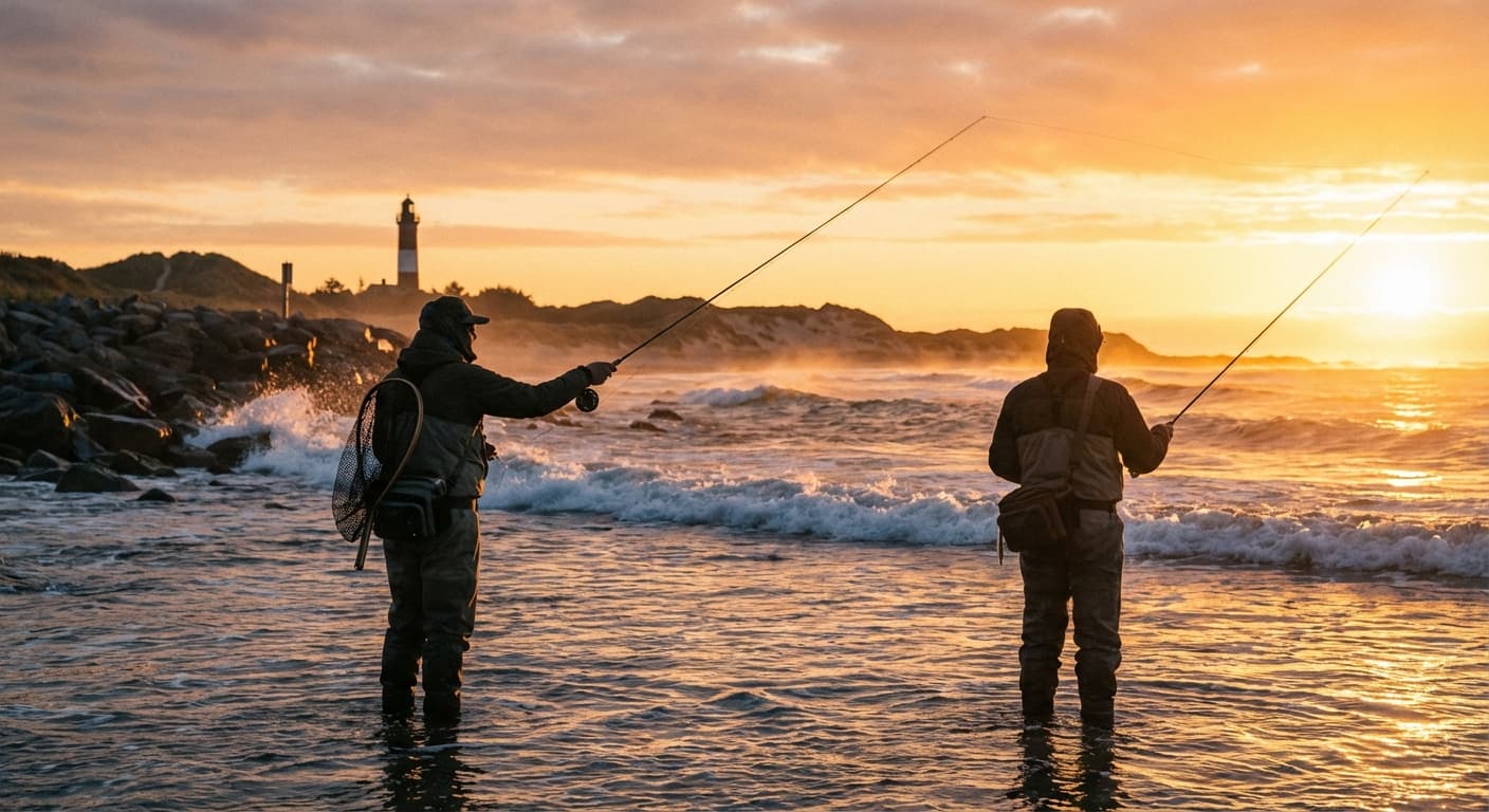 Angler in Wathose beim Watangeln an der Ostsee auf Meerforelle bei Sonnenaufgang