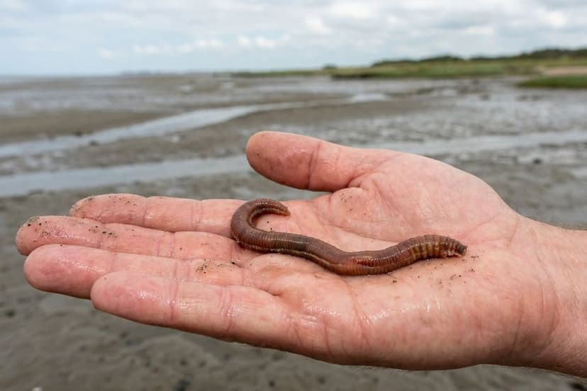 Wattwurm auf Handfläche vor Wattenmeerhintergrund