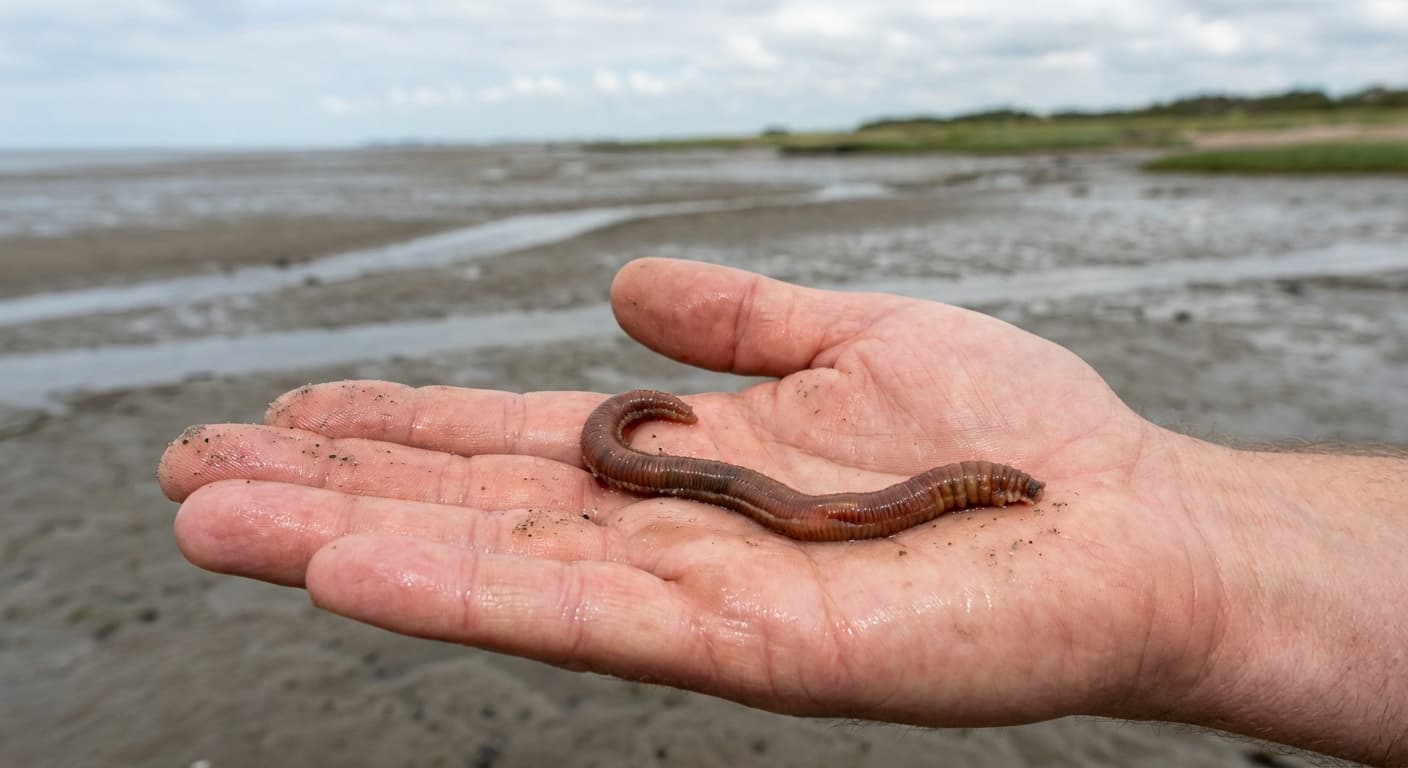 Wattwurm auf Handfläche vor Wattenmeerhintergrund