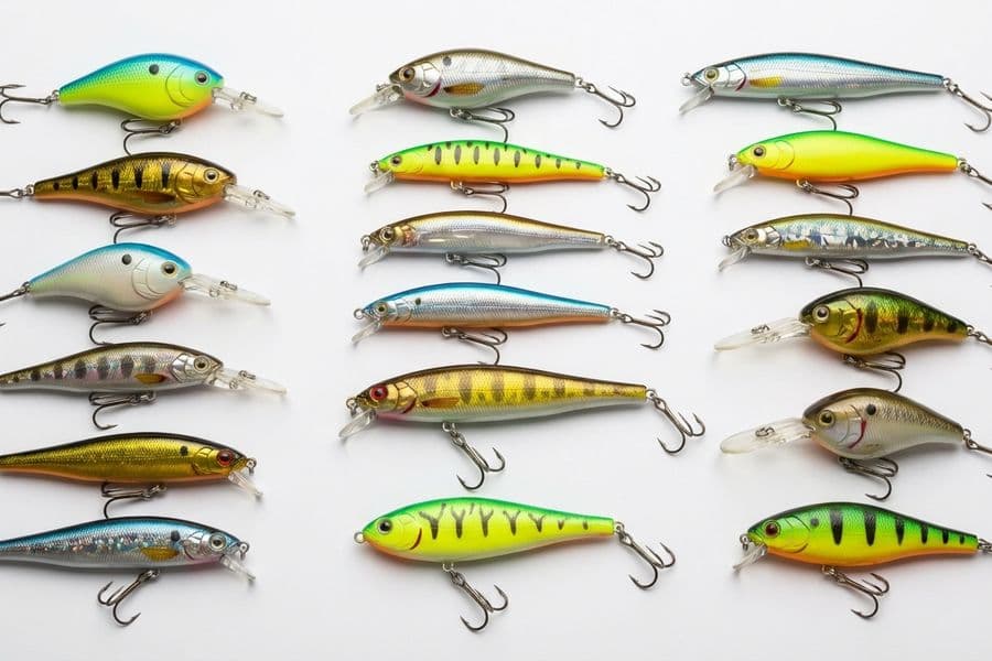 Verschiedene Wobbler-Typen auf weißem Untergrund: Crankbaits, Minnows, Jerkbaits in unterschiedlichen Farben