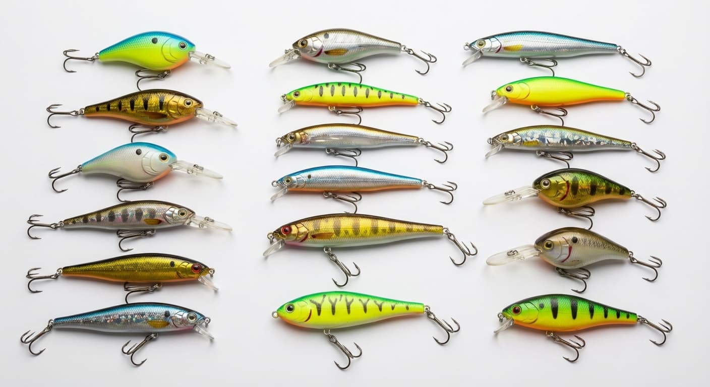 Verschiedene Wobbler-Typen auf weißem Untergrund: Crankbaits, Minnows, Jerkbaits in unterschiedlichen Farben