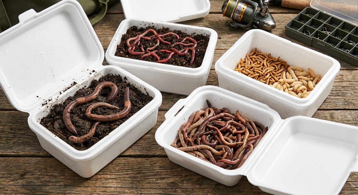 Angler präsentiert erfolgreich mit Wurm gefangenen Aal am Gewässerufer bei Dämmerung