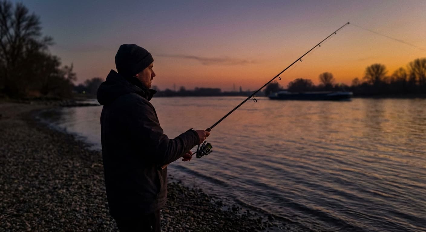 Angler beim Zanderangeln mit Spinnrute am Fluss in der Dämmerung