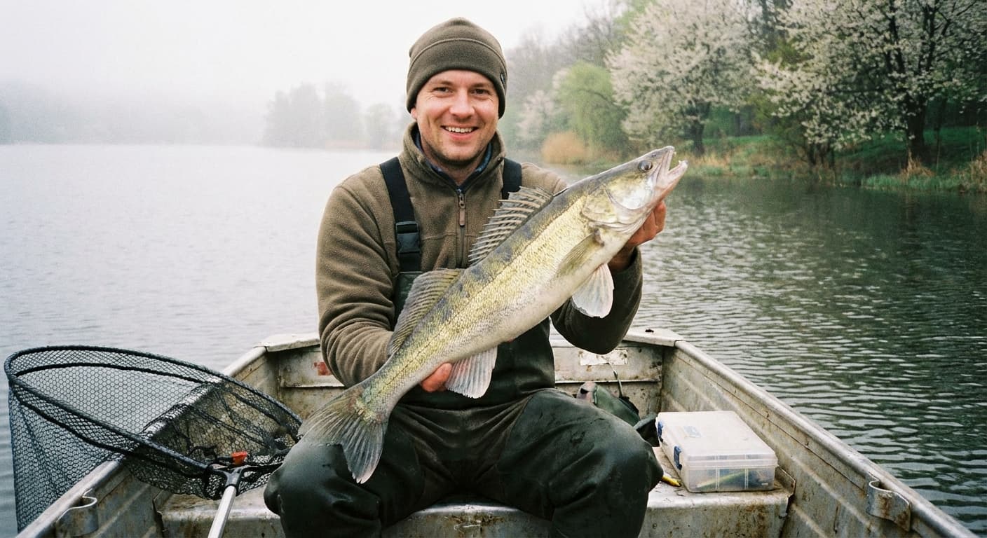 Zander im Frühjahr im flachen Uferwasser bei Sonnenschein