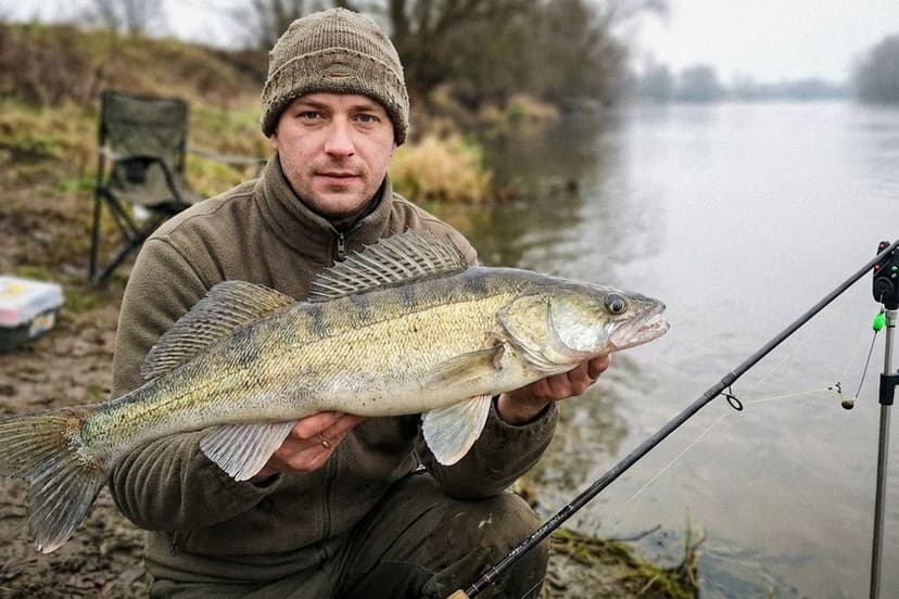 Ansitzangler am Fluss mit Zanderrute und Bissanzeiger bei Dämmerung
