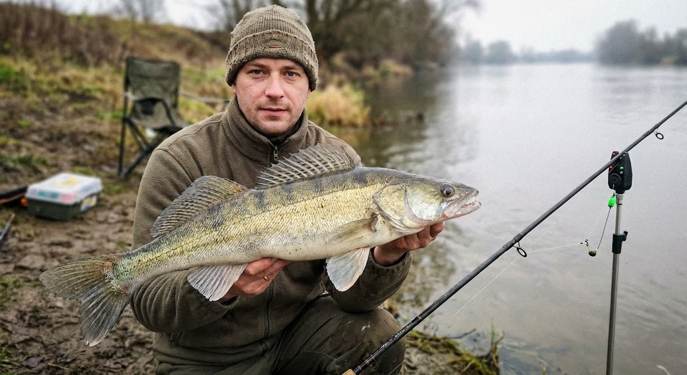 Ansitzangler am Fluss mit Zanderrute und Bissanzeiger bei Dämmerung