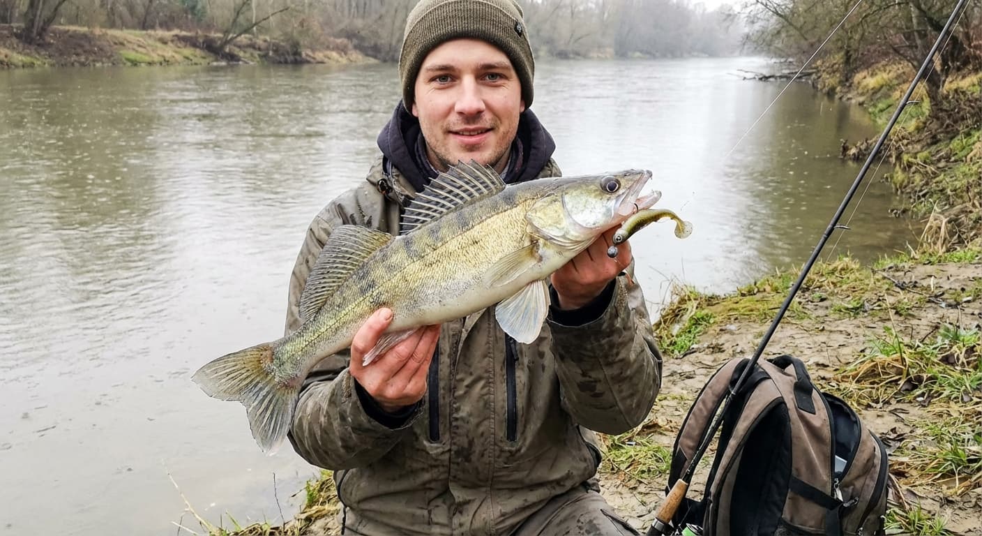 Zander Gummifisch mit Jigkopf an Spinnrute am Fluss