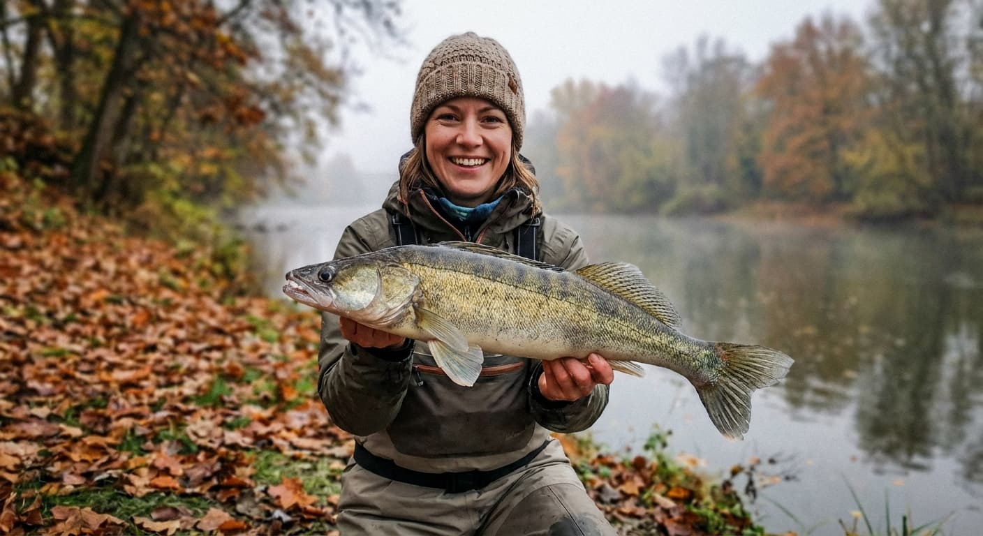 Kapitaler Herbstzander aus tiefem Hafenbecken mit bunten Bäumen im Hintergrund