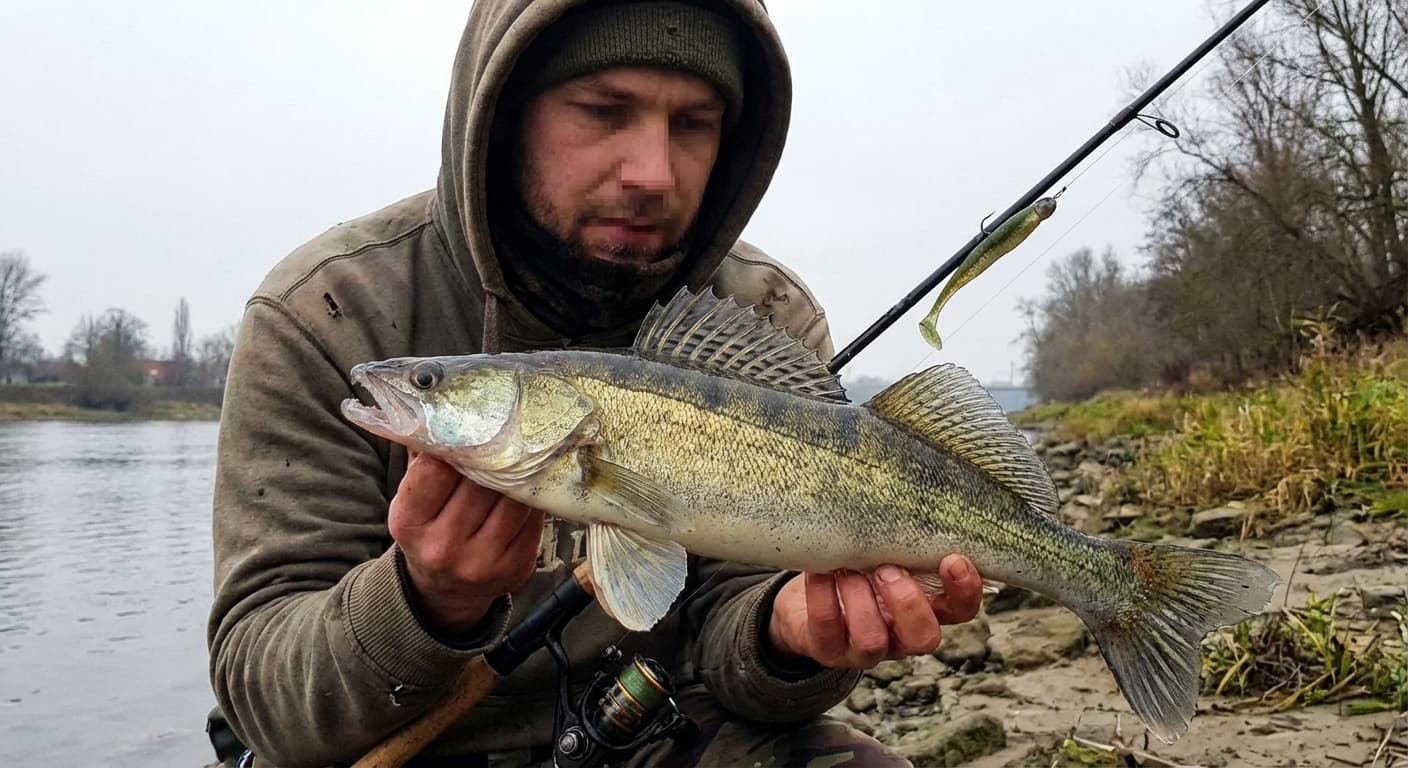 Zander im Herbst gefangen in der Dämmerung am Fluss