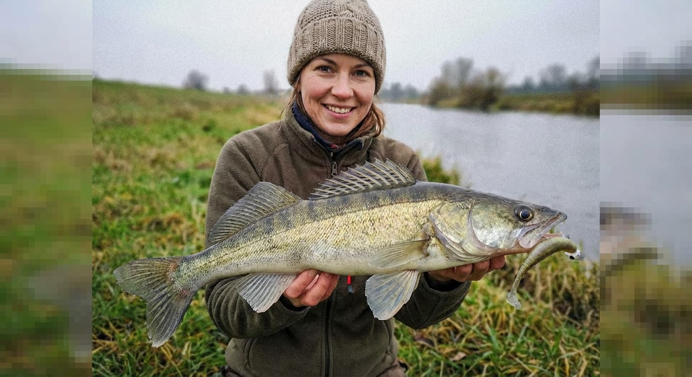 Angler beim Jiggen auf Zander am Rhein in der Abenddämmerung mit Gummifischmontage