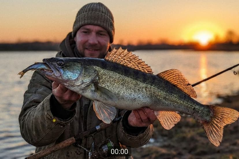 Zander mit Köderfisch gefangen am Rhein bei Sonnenuntergang