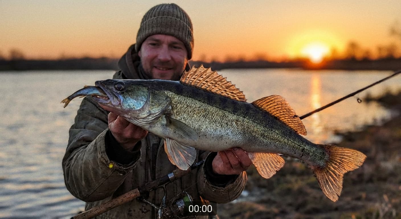 Zander mit Köderfisch gefangen am Rhein bei Sonnenuntergang