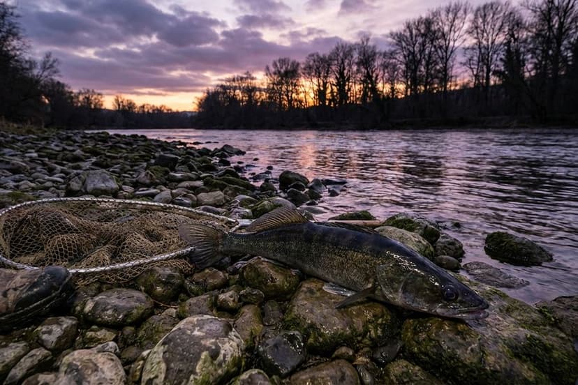 Zander wird nachts am Rheinufer bei Dämmerung gelandet