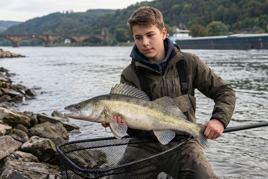 Kapitaler Zander aus dem Rhein bei Dämmerung gefangen