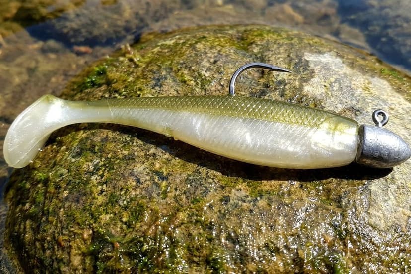 Action-Shad mit Schaufelschwanz am Jigkopf für Zanderangeln