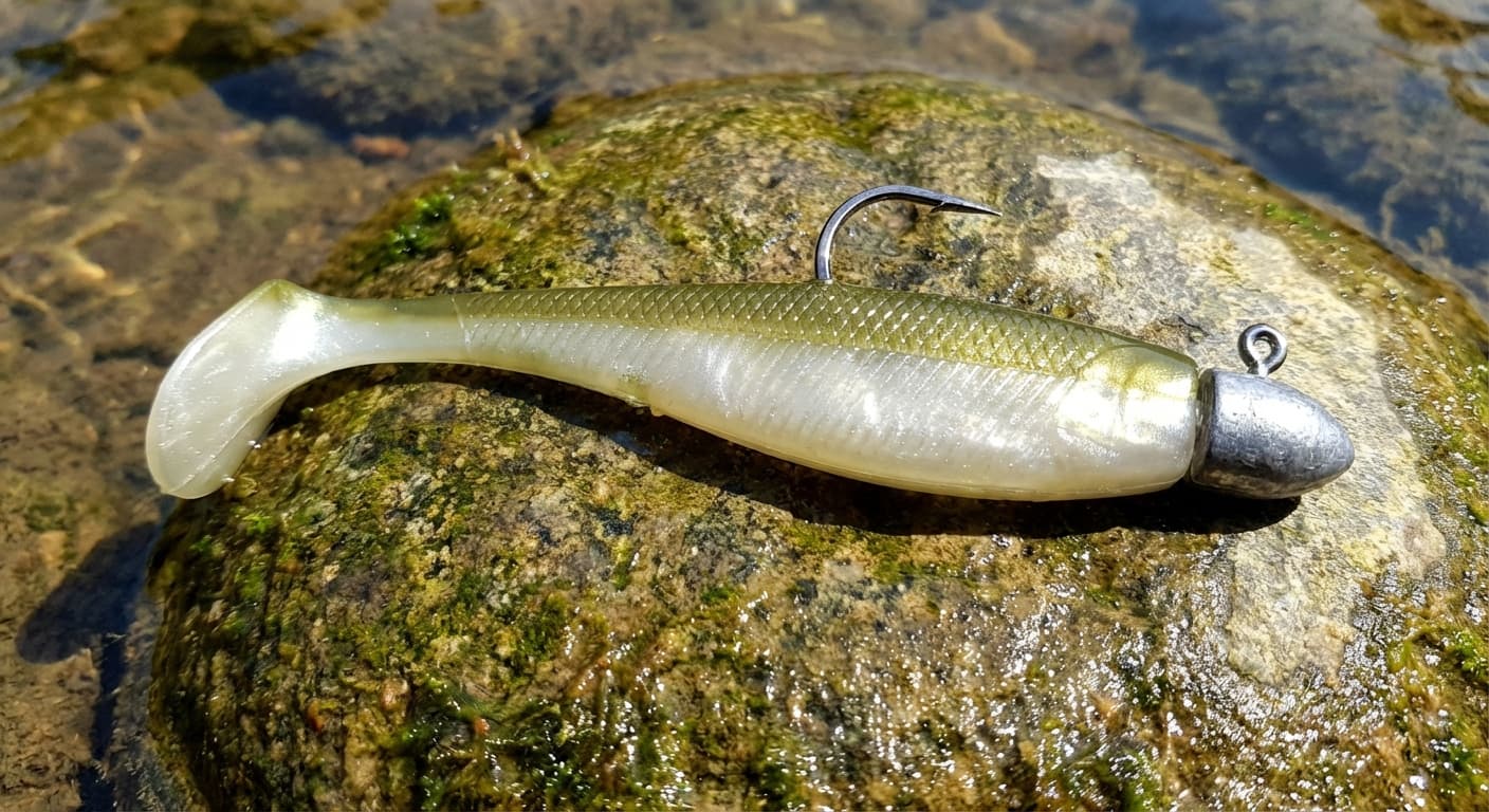 Action-Shad mit Schaufelschwanz am Jigkopf für Zanderangeln