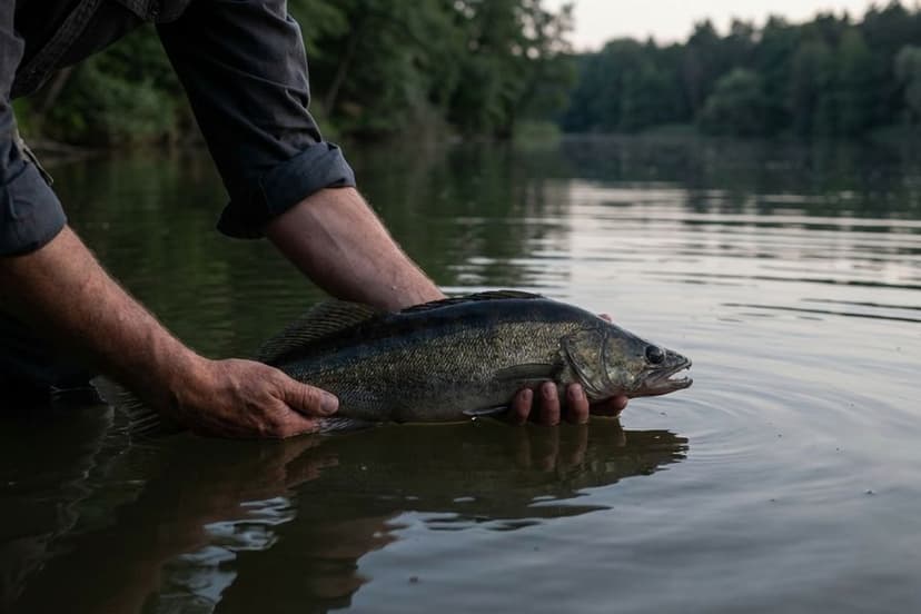 Zander beißt nachts in der Dämmerung auf Gummifisch im Sommer