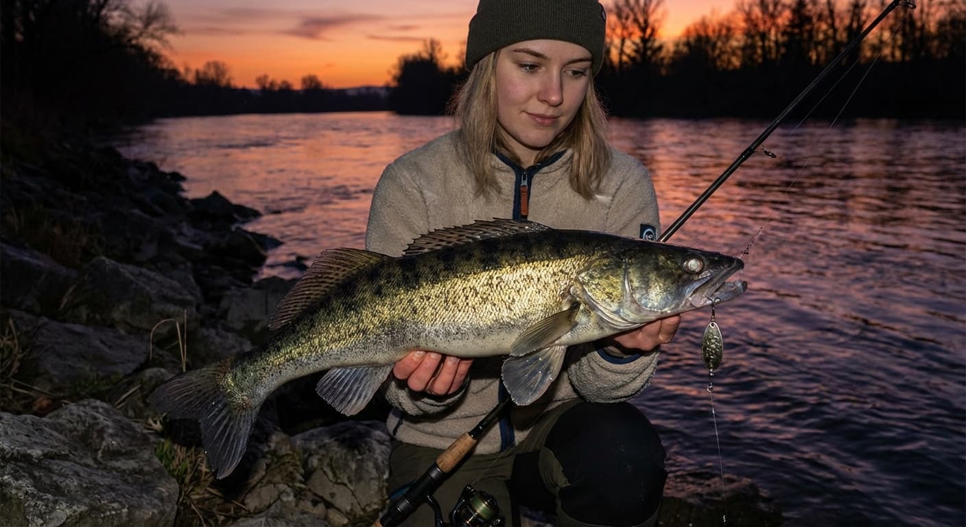 Zander mit Spinner gefangen in der Dämmerung am Fluss