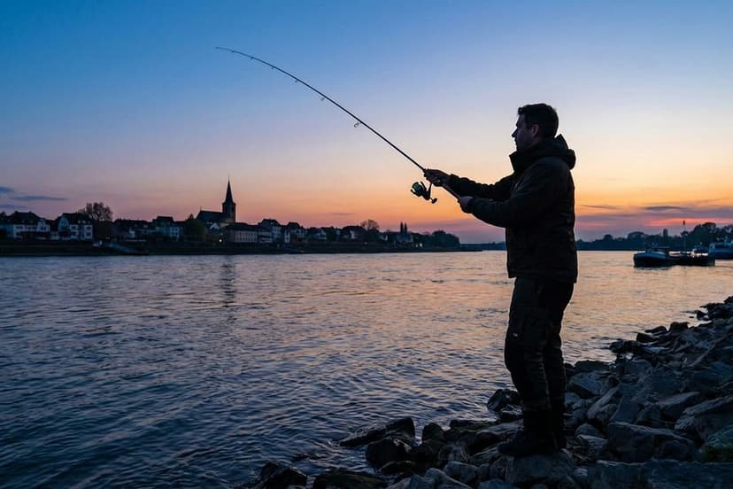 Angler beim Spinnfischen auf Zander am Fluss bei Dämmerung