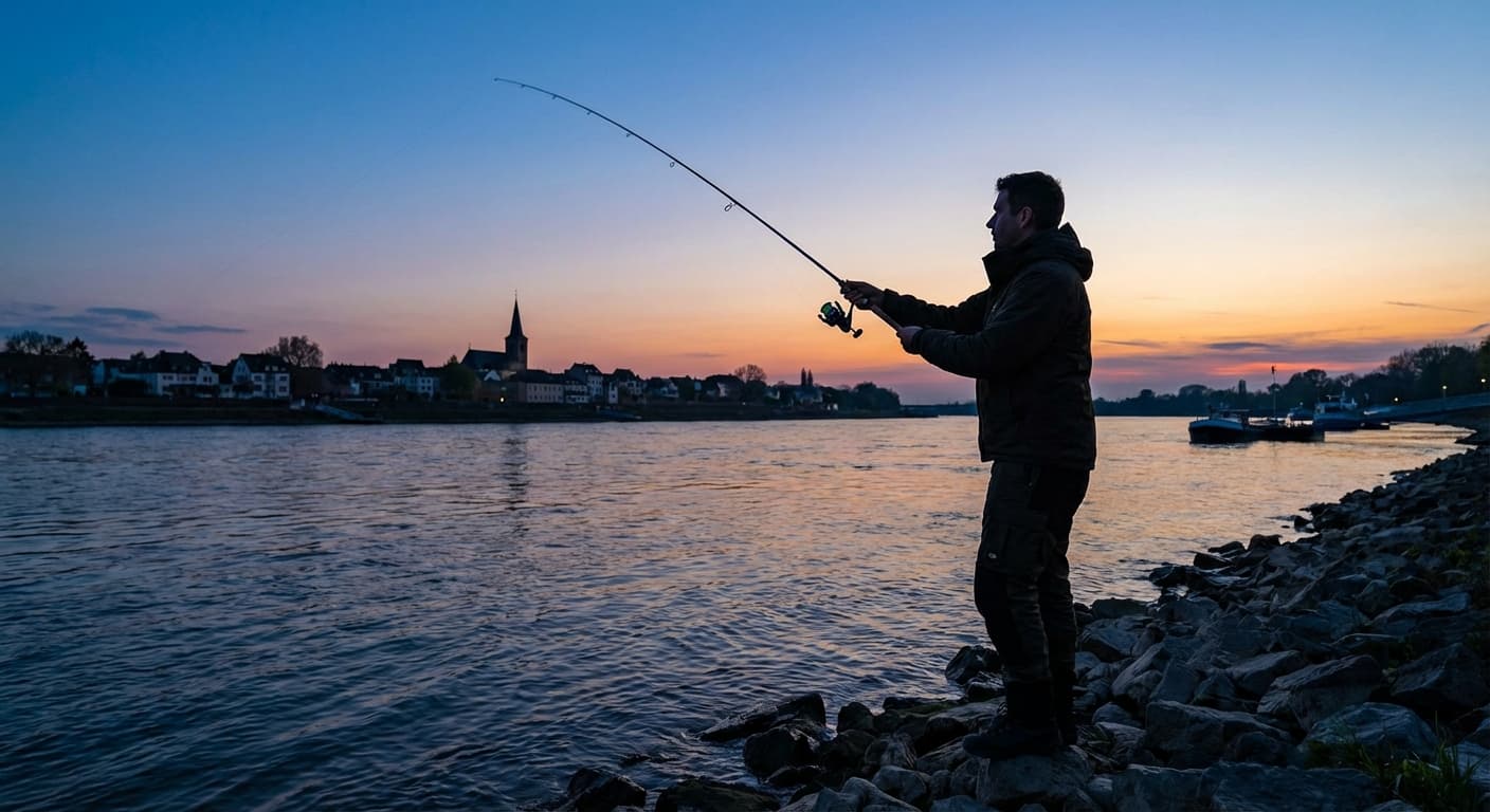 Angler beim Spinnfischen auf Zander am Fluss bei Dämmerung
