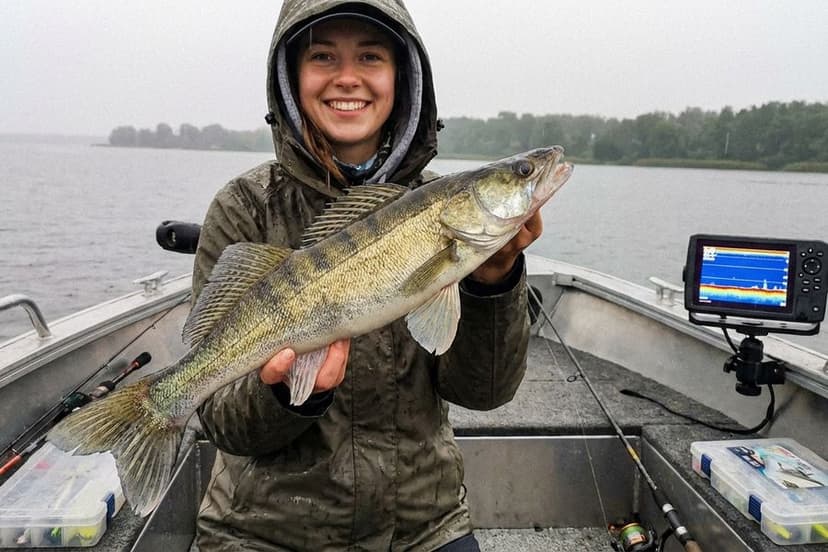 Angler führt Gummifisch vertikal direkt unter dem Boot mit Echolot im Hintergrund