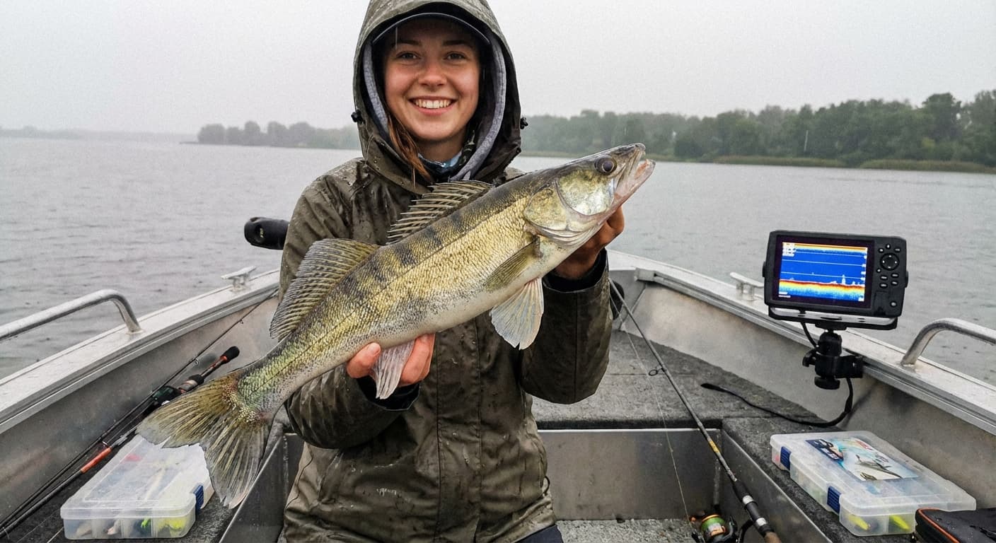 Angler führt Gummifisch vertikal direkt unter dem Boot mit Echolot im Hintergrund