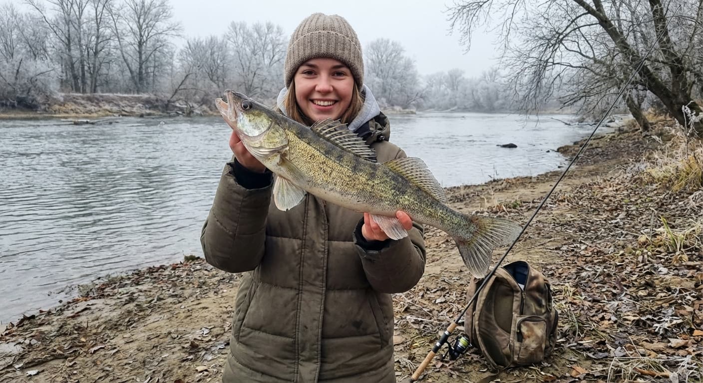 Kapitaler Zander auf Schnee neben Spinnrute im Winter
