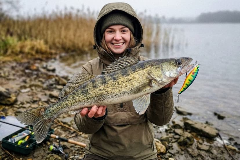 Zander-Wobbler mit Tauchschaufel vor Steinpackung am Rhein in der Abenddämmerung