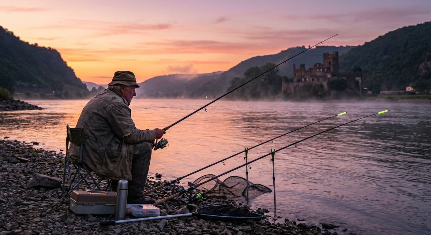 Aalangler bei Dämmerung am Rhein im Sommer mit Grundruten