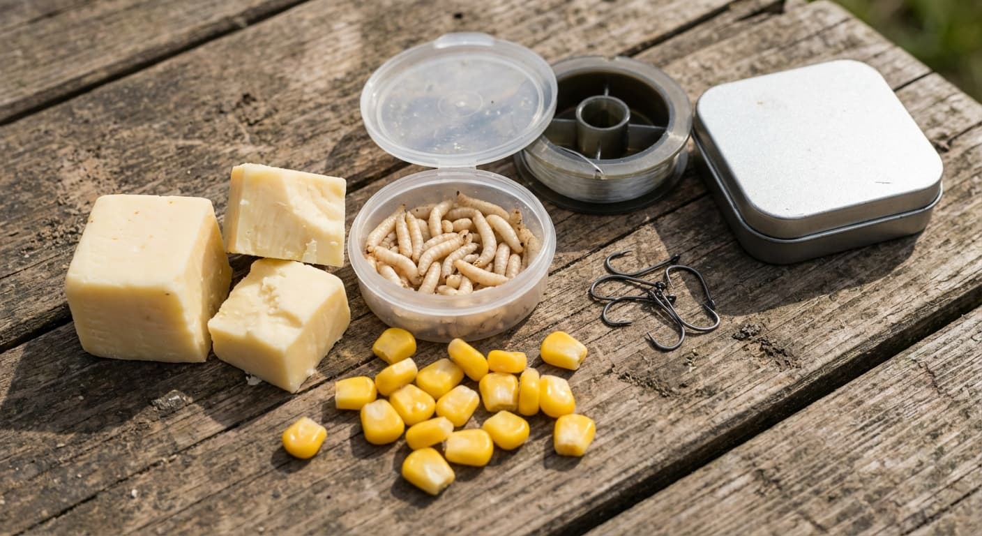 Verschiedene Barbenköder wie Käse, Maden und Mais auf Holzuntergrund