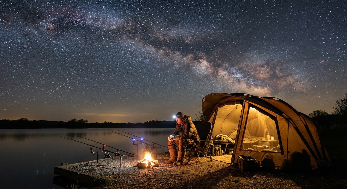 Karpfenangler nachts am beleuchteten Bivvy unter Sternenhimmel