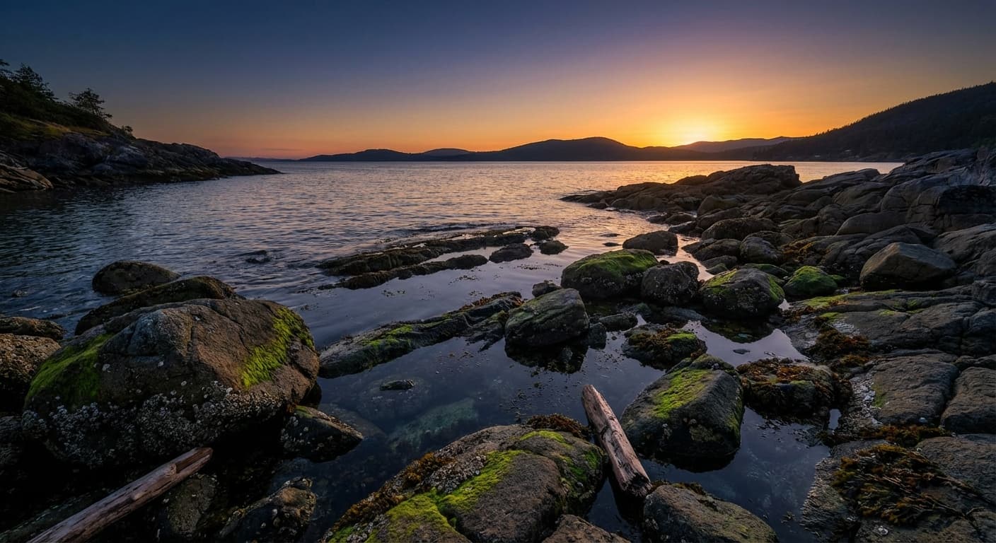 Aalgewässer - Steinpackung und Bucht bei Dämmerung