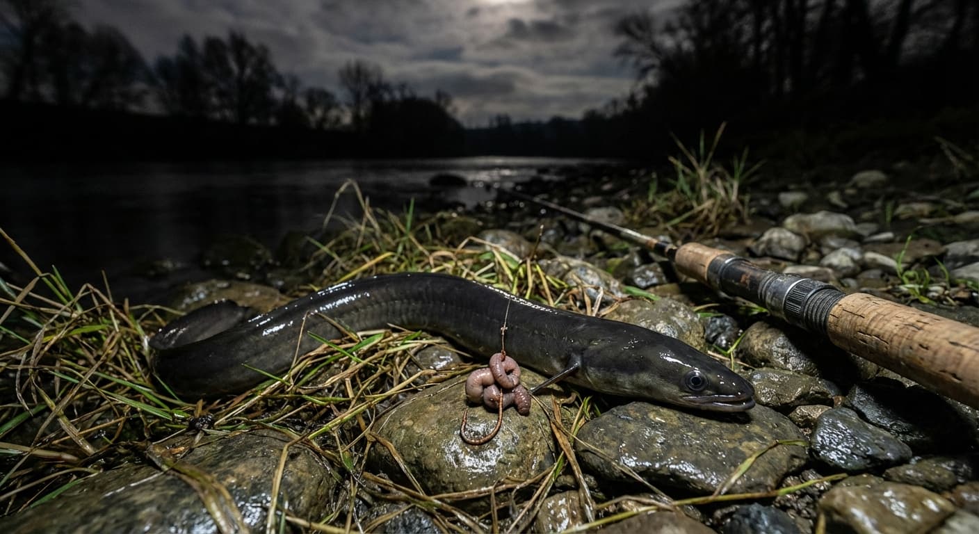 Aal mit Tauwurm bei Nachtangeln am Fluss
