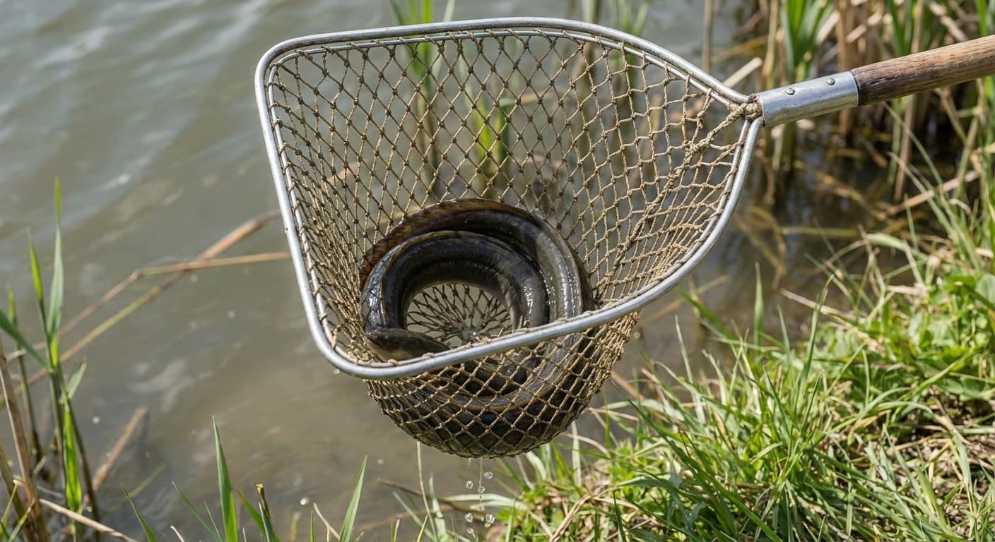 Aalangeln bei Dämmerung am Rhein-Ufer im Spätsommer