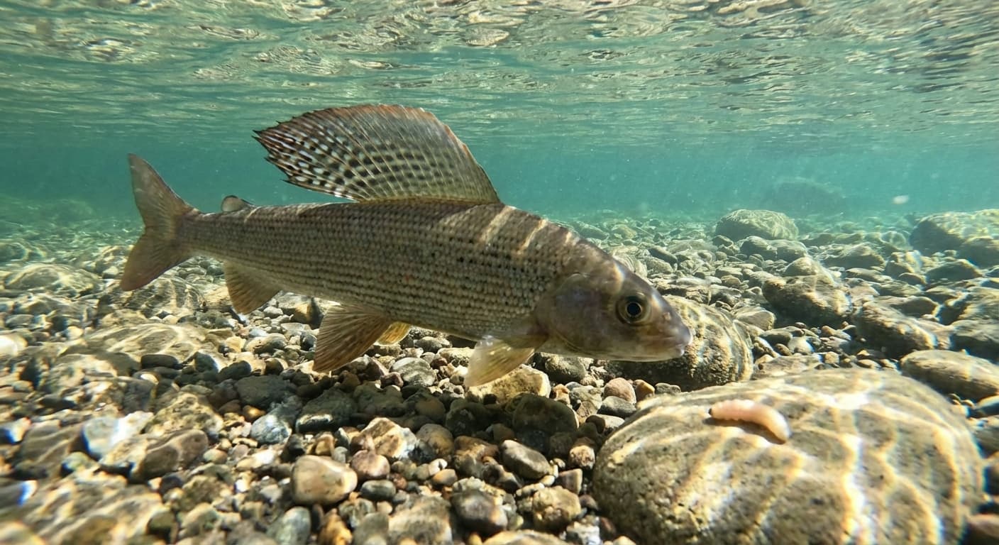 Äsche nähert sich vorsichtig einer Made im klaren Wasser