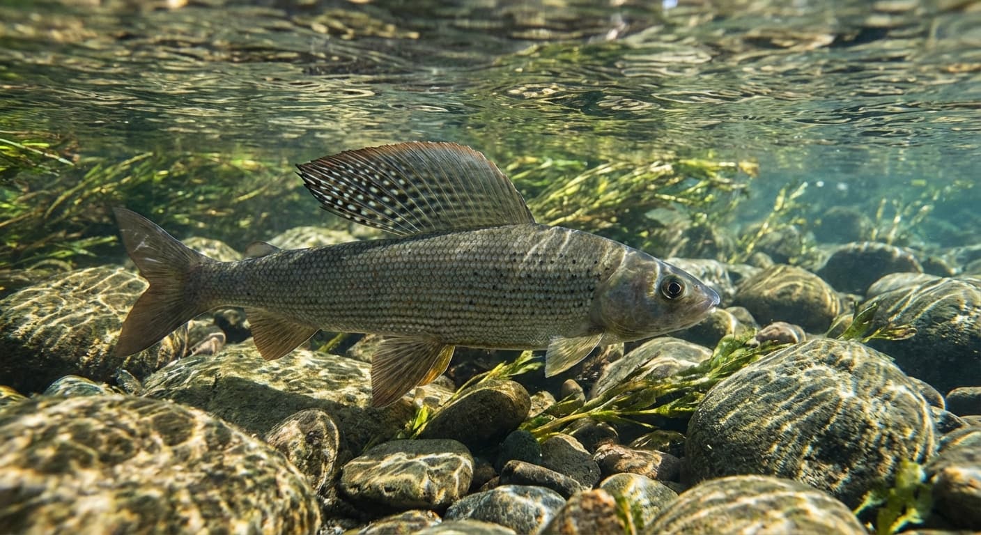 Äsche mit charakteristischer Rückenflosse in klarem Fließgewässer