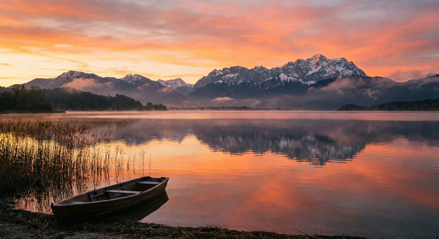 Weiter Blick über den Ammersee mit Alpenkulisse im Hintergrund bei Sonnenaufgang
