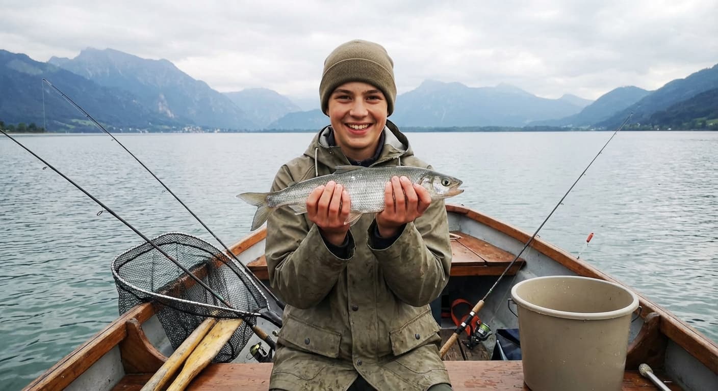 Angler fischt vom Boot mit Hegene auf Renken im Ammersee bei Morgenstimmung