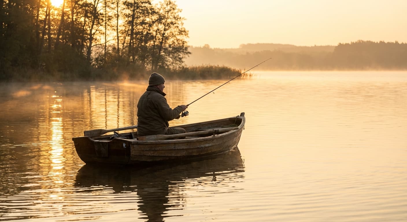 Weiter Blick über den Arendsee mit Boot und Angler beim Hechtangeln im Morgenlicht