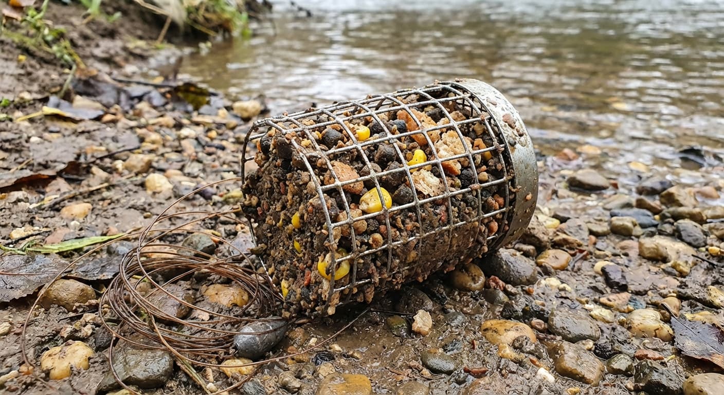 Barbenfutter im Futterkorb für Feederangeln