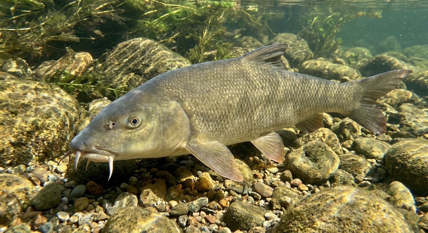 Kapitale Barbe in natürlichem Lebensraum an steinigem Flussgrund