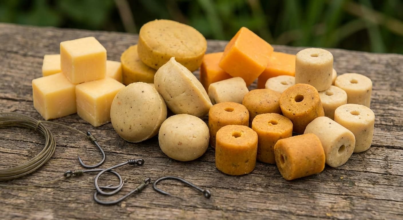 Verschiedene Käsesorten als Köder für Barben aufgereiht