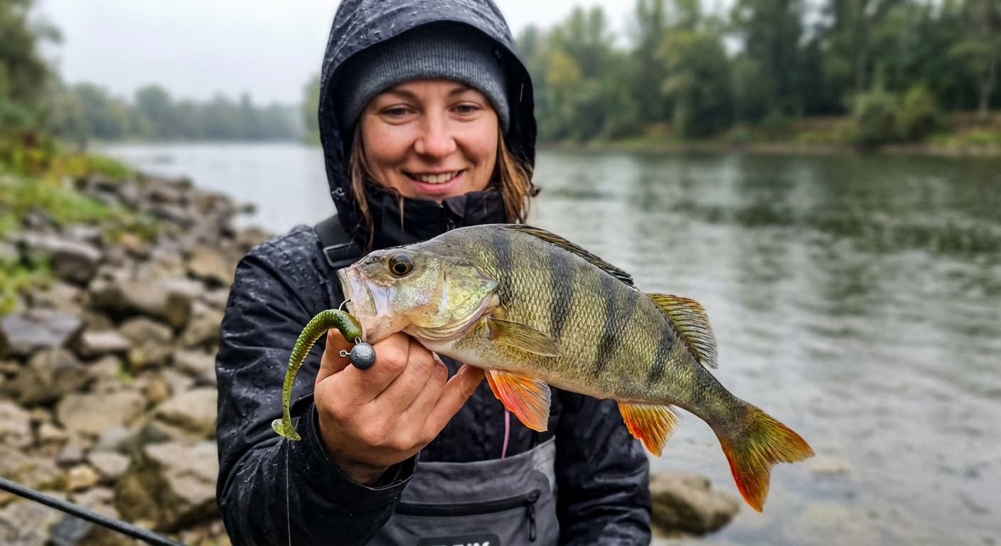 Barsch mit Gummifisch im Maul kurz vor der Landung
